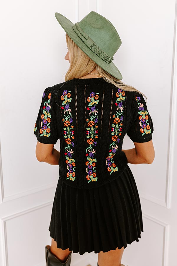 Premium Wildflower Fields Embroidered Sweater Top - Black