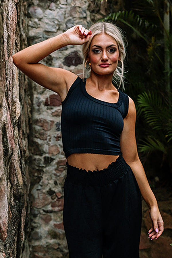 Premium Stay Hopeful Ribbed Crop Tank - Ultimate Black