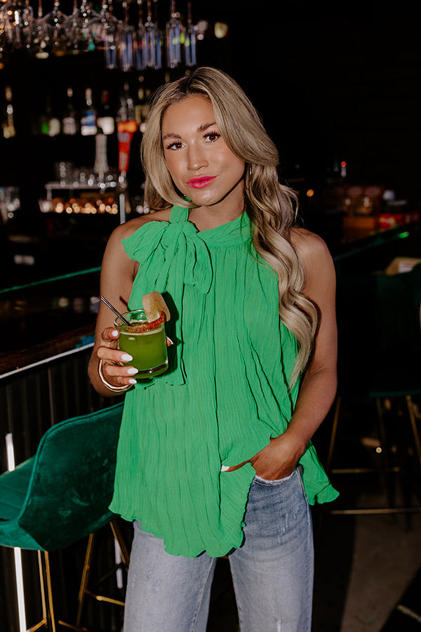 Premium Kelly Green Pleated Mock Neck Top