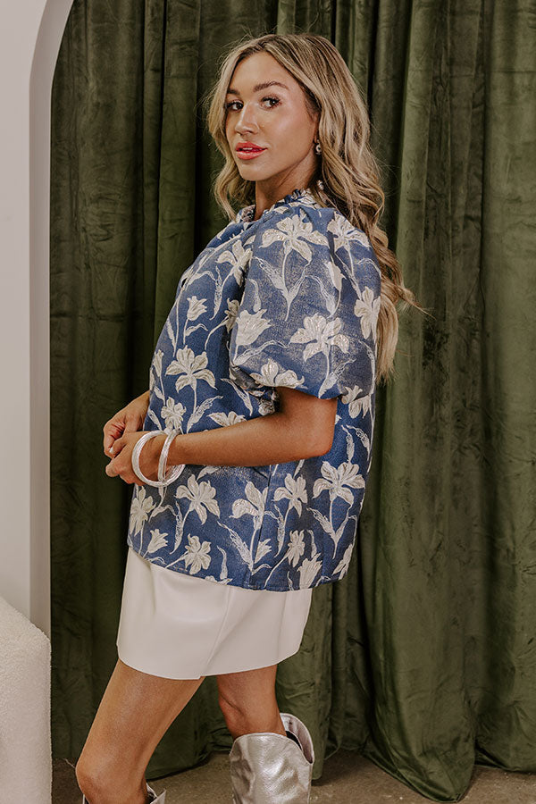 Premium Holiday Floral Jacquard Top - Ultimate Style in Blue