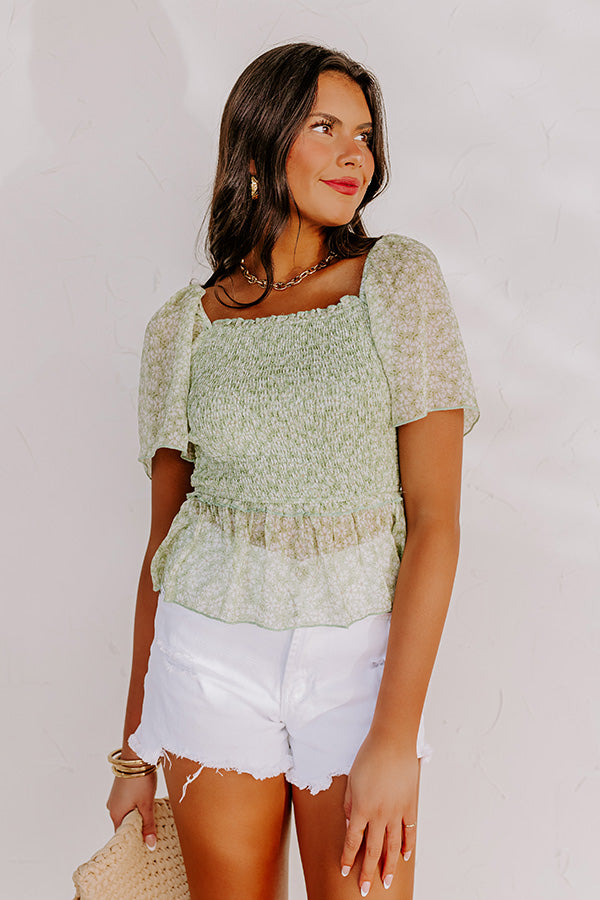 Premium Peonies Smocked Blouse in Vibrant Lime