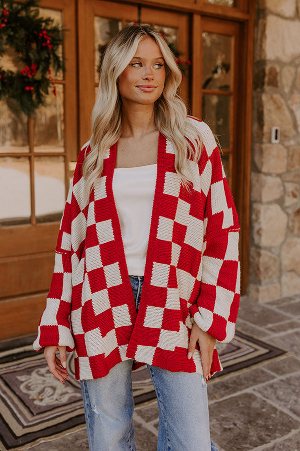 Premium Checkmate Knit Cardigan - Red