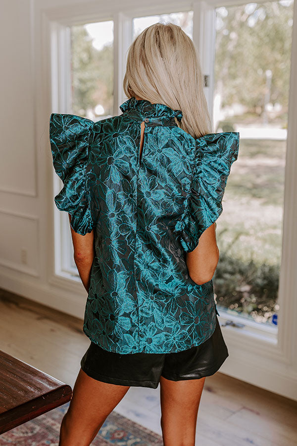 Premium Teal Floral Jacquard Ruffle Top - Ultimate Elegance