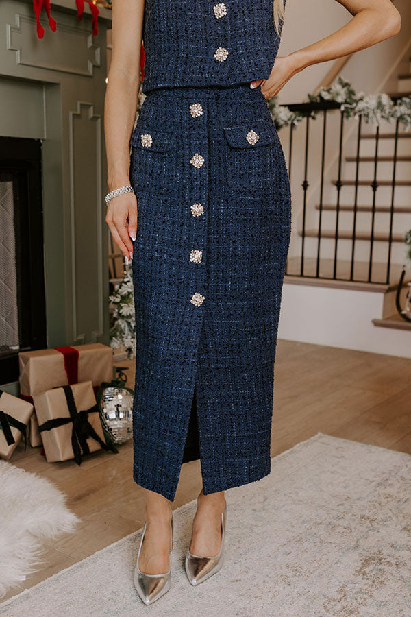 Ultimate Glam High Waist Tweed Midi Skirt with Rhinestone Buttons