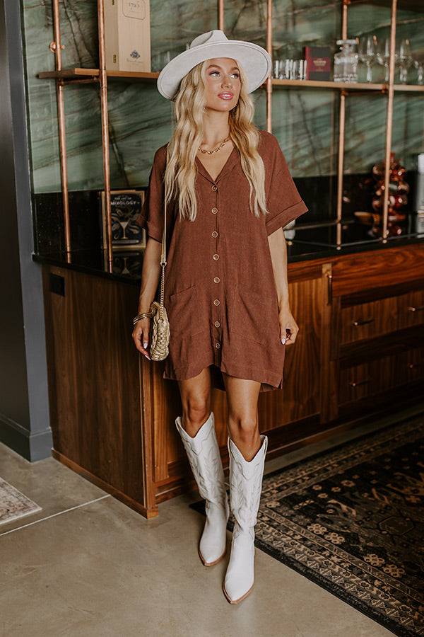 Premium St. Lucia Linen-Blend Mini Dress in Chocolate