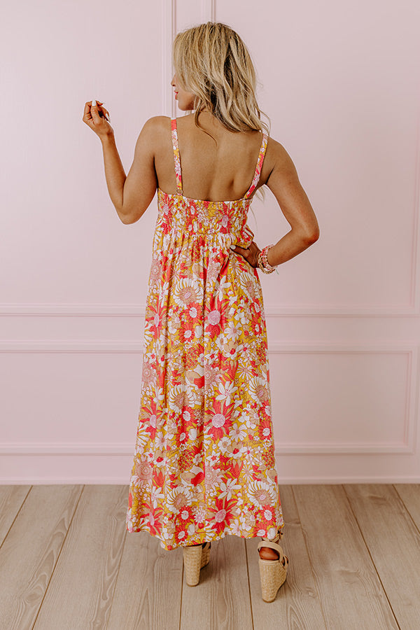 Premium Floral Midi Dress - Golden Honey Elegance