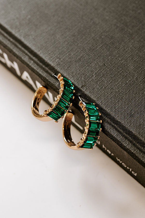 Premium Glam Square Hoop Earrings - Green Rhinestone Accents