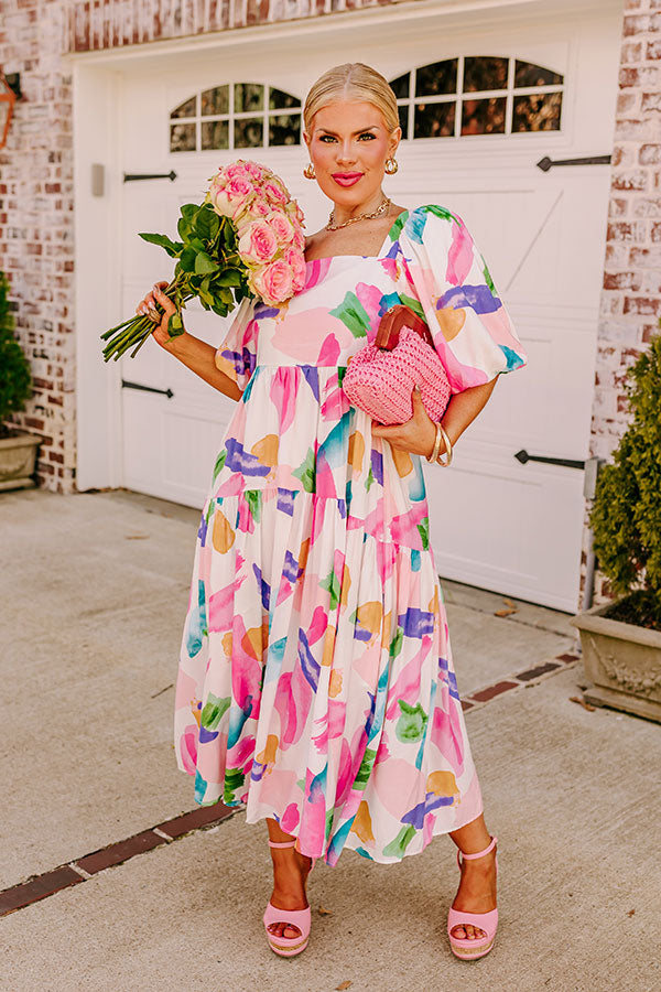 Premium Peaceful Pause Midi Dress - Floral Pink Elegance