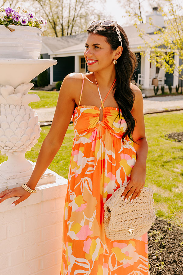 Premium Tropical Escape Midi Dress - Vibrant Orange