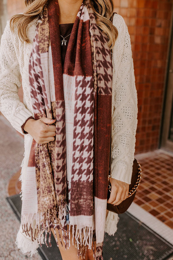 Premium Houndstooth & Abstract Print Scarf - Chestnut