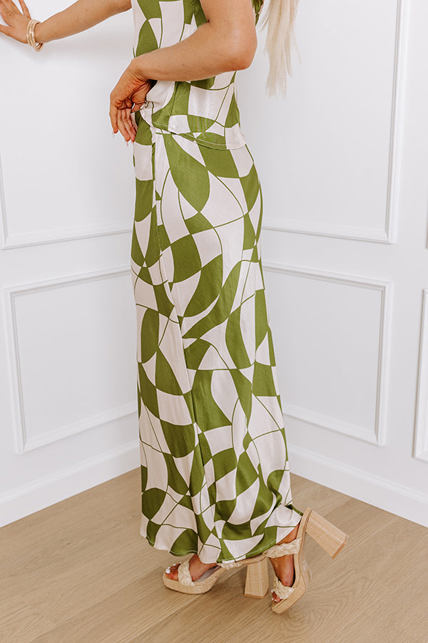 Premium Versailles Vogue High Waist Satin Midi Skirt - Olive Green