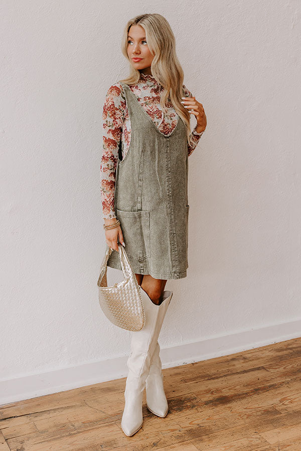 Premium Vintage Charm Denim Mini Dress in Olive