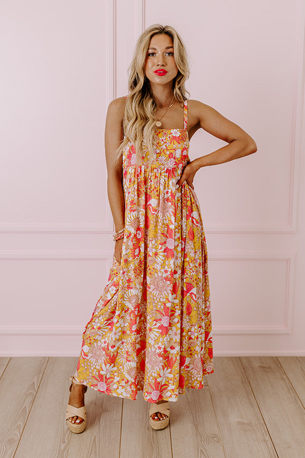 Premium Floral Midi Dress - Golden Honey Elegance