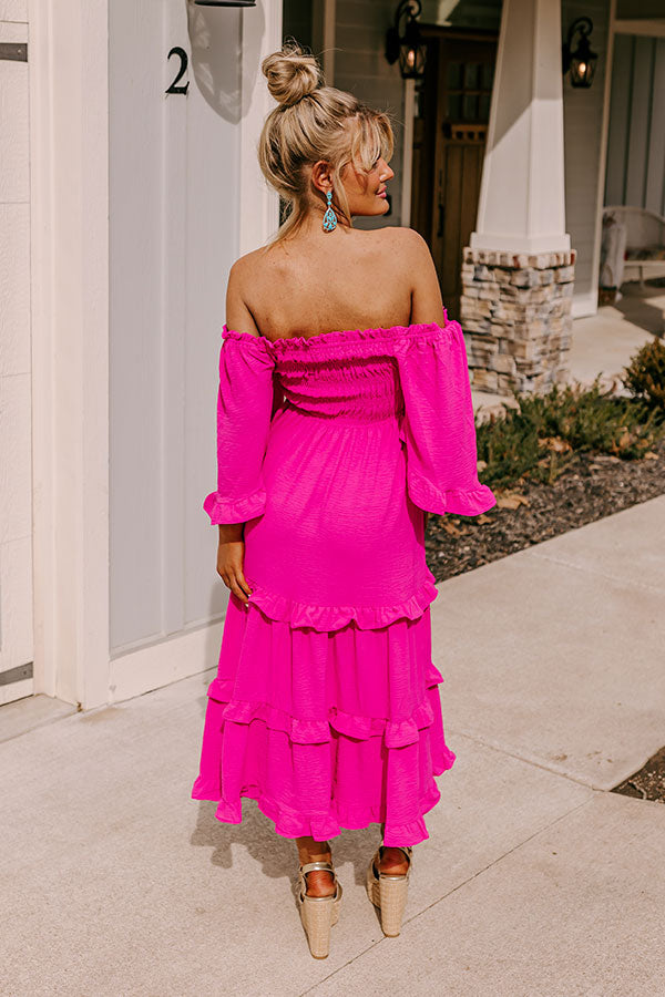 Premium Hot Pink Smocked Midi Dress - Ultimate Beach Style