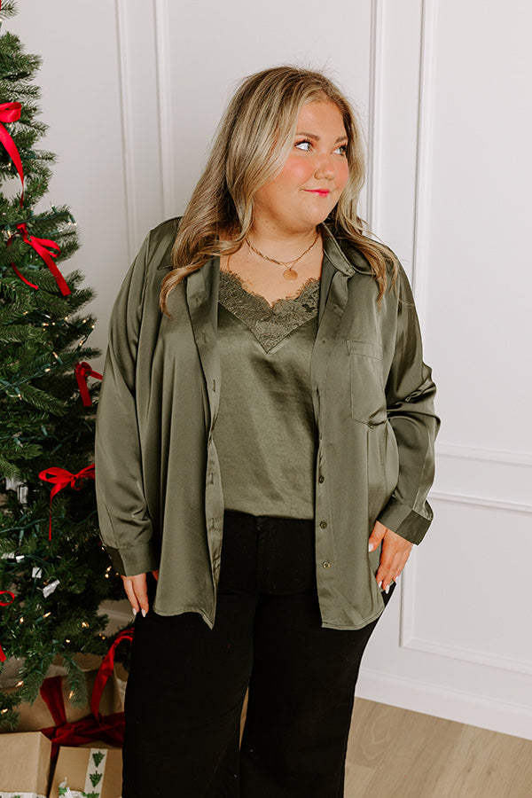 Premium Olive Satin Button-Down Top for Curves