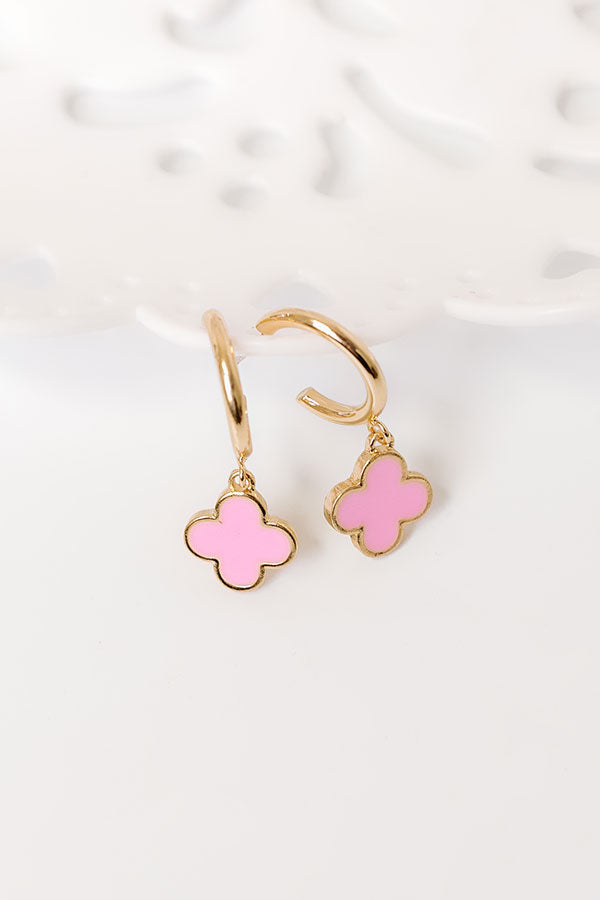 Premium Huggie Hoop Earrings with Quatrefoil Charms