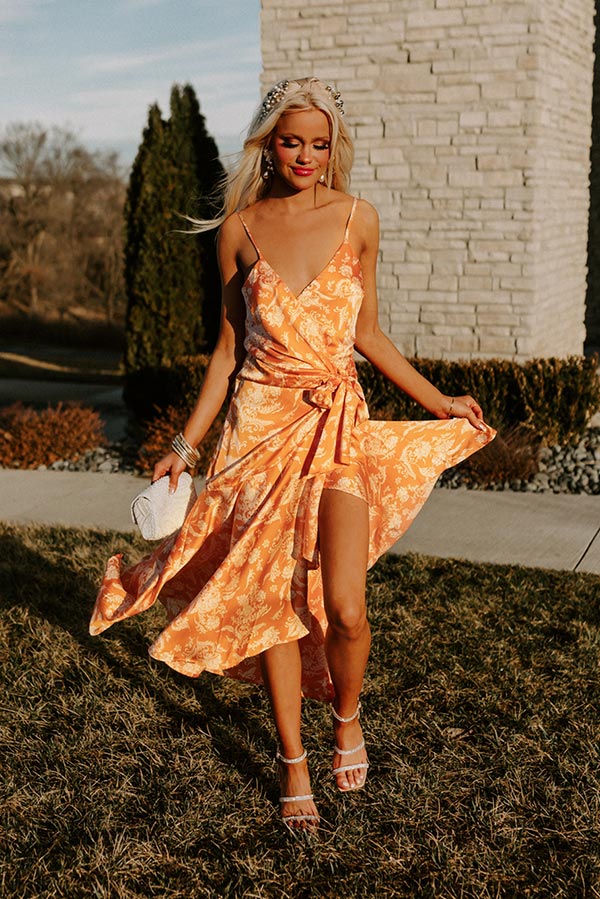 Ultimate Satin Wrap Dress: Orange Floral Elegance