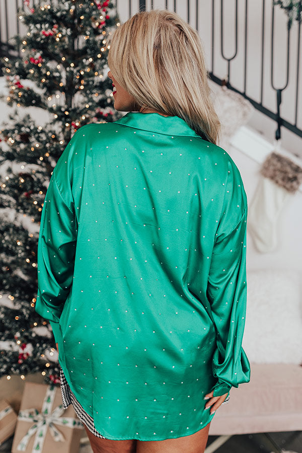 Premium Milan Muse Rhinestone Satin Blouse - Kelly Green Elegance