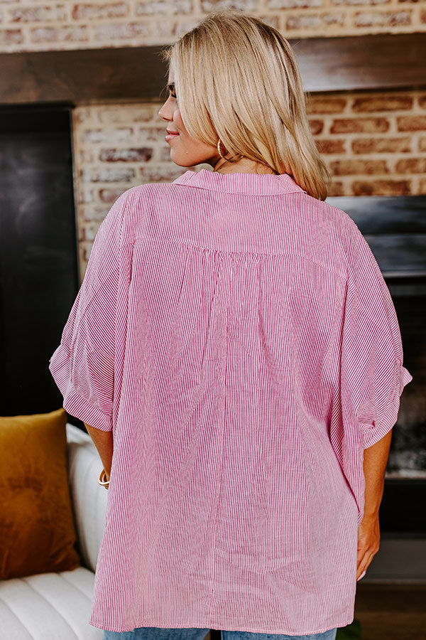 Premium Casually Chic Striped Button-Up Shirt in Pink Curves
