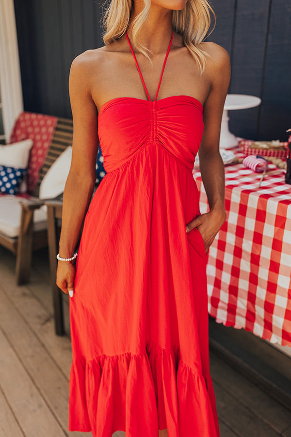 Premium Lakeside Party Halter Midi Dress - Red