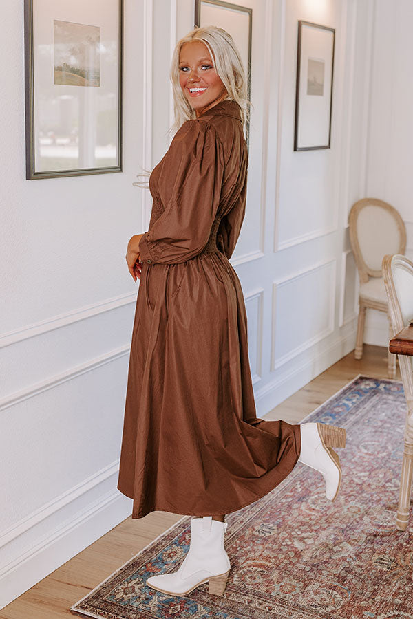 Premium Kind Glance Smocked Midi Dress in Chocolate