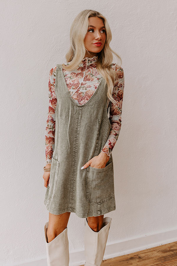 Premium Vintage Charm Denim Mini Dress in Olive