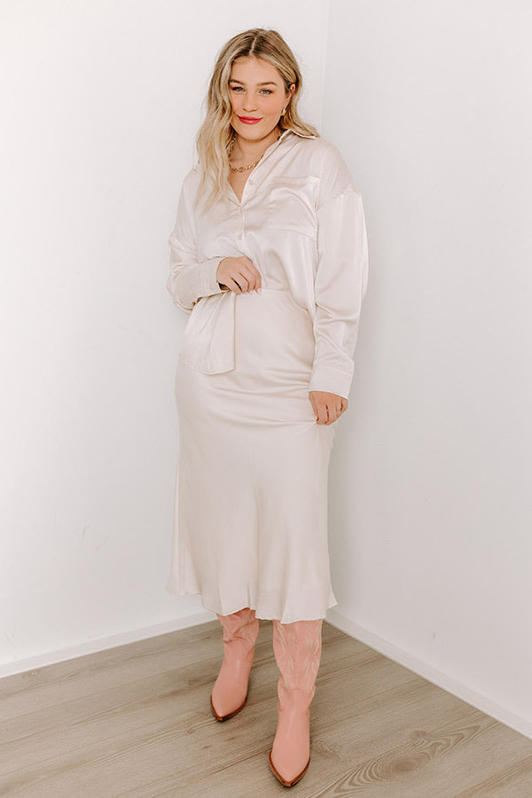 Ultimate Elegance Cream Satin Midi Skirt