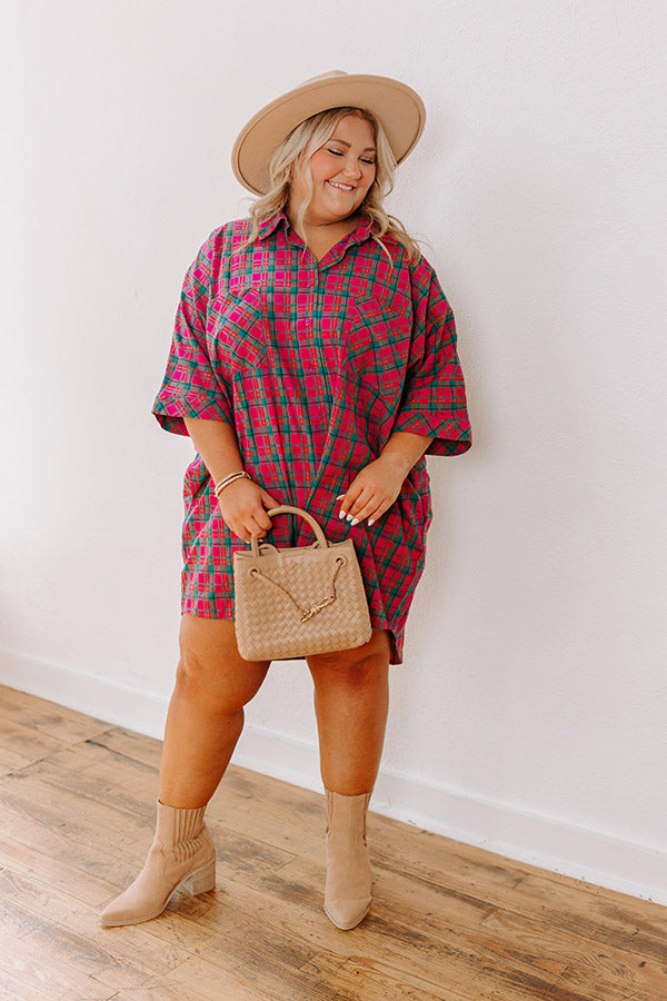 Premium Oversized Plaid Mini Dress - Chic Pink Curves