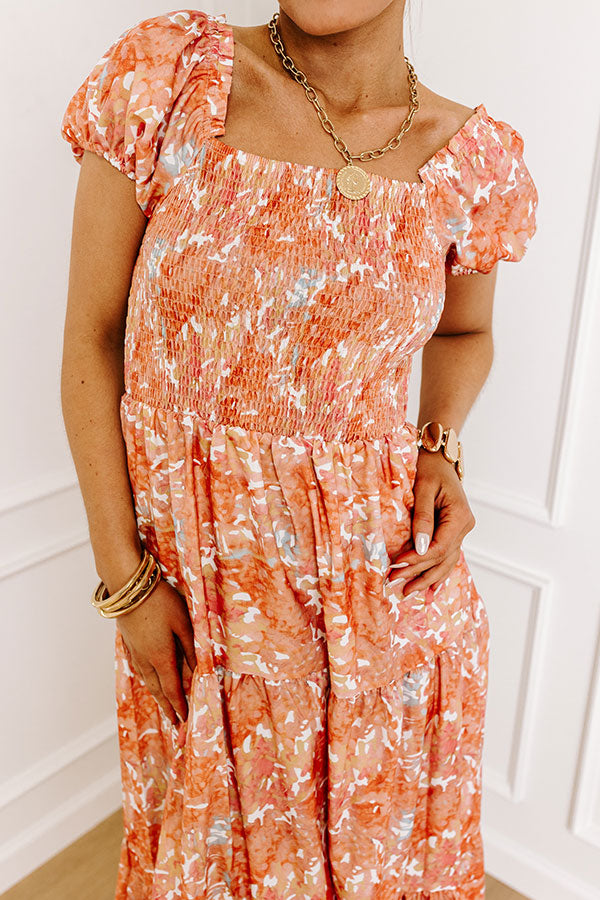 Premium Orange Smocked Midi Dress for Summer Outings