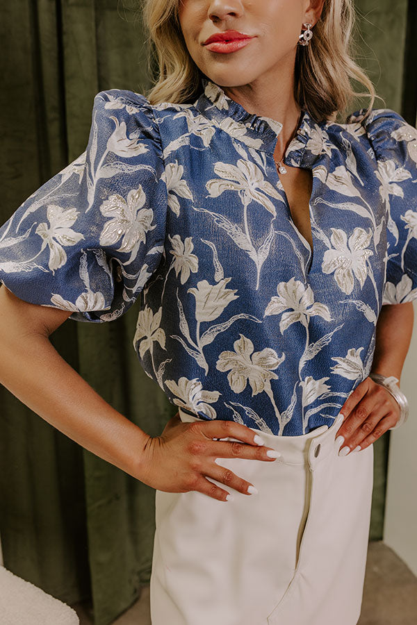 Premium Holiday Floral Jacquard Top - Ultimate Style in Blue