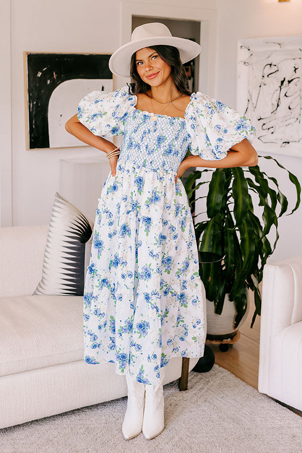 Premium Sky Blue Floral Midi Dress - Ultimate Elegance