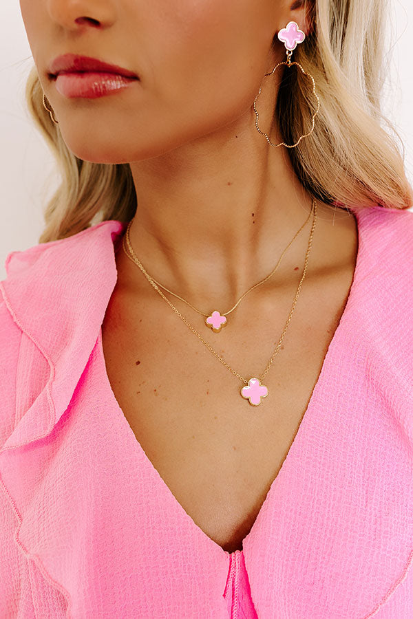 Premium Layered Necklace with Pink Quatrefoil Charm