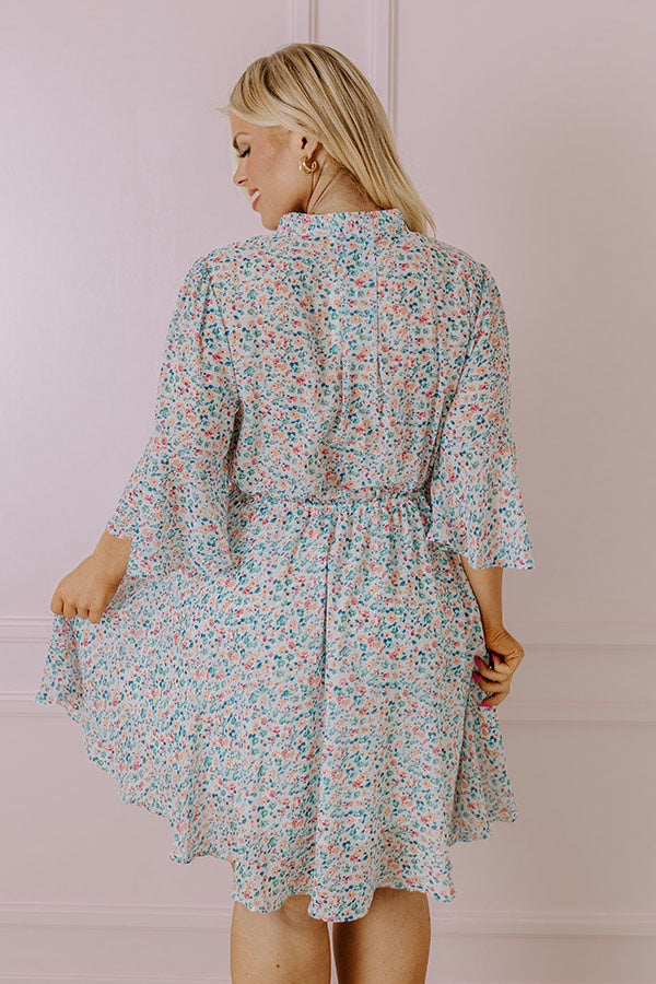 Premium Sky Blue Floral Chiffon Dress with Elastic Waistline