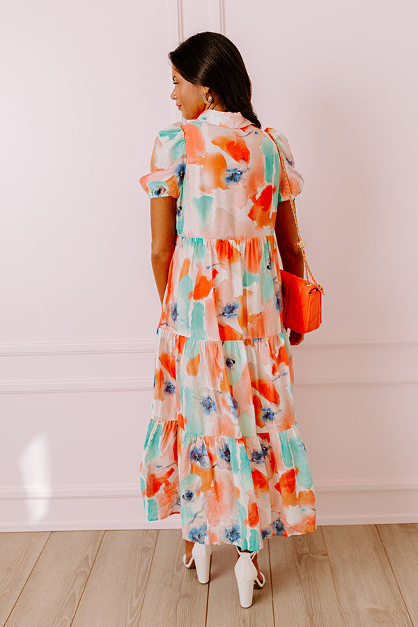 Premium Coral Floral Midi Dress – Graceful Elegance