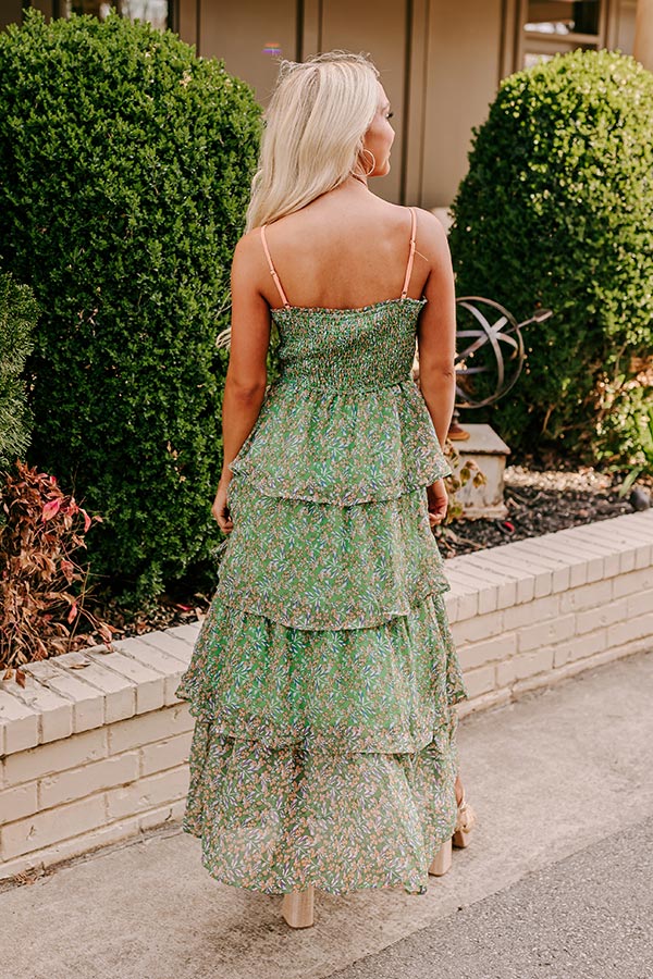 Premium Floral Chiffon Midi Dress - Green Wildflower Elegance