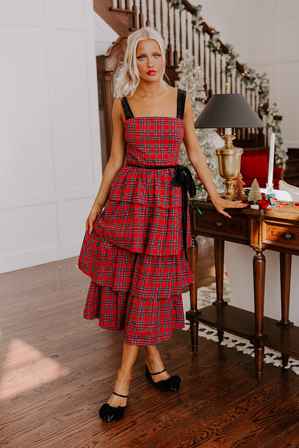 Premium Holiday Harmony Plaid Tiered Midi Dress