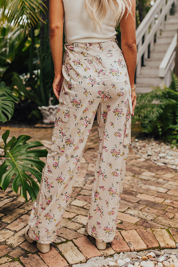 Premium Free Spirit High Waist Floral Cargo Pants - Light Beige