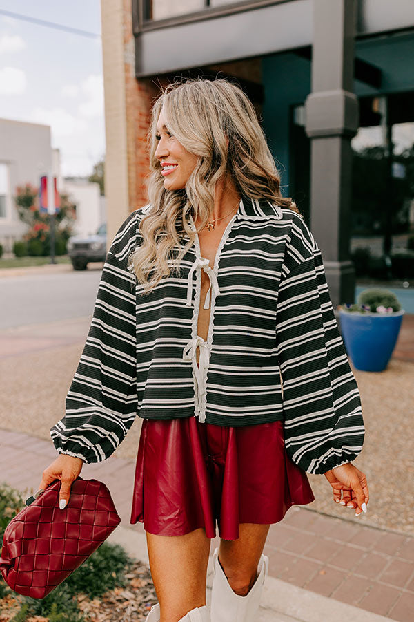 Premium Mulled Wine Stripe Tie-Front Top