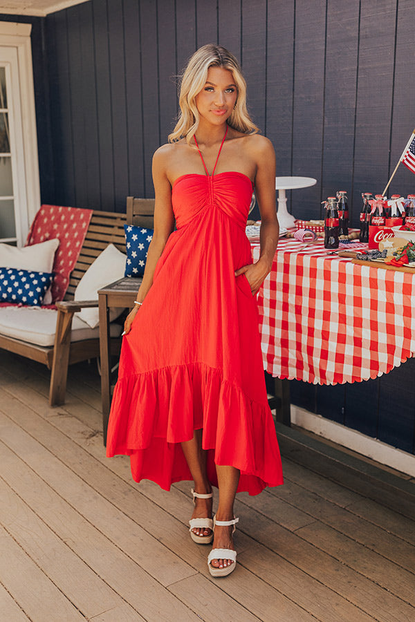 Premium Lakeside Party Halter Midi Dress - Red