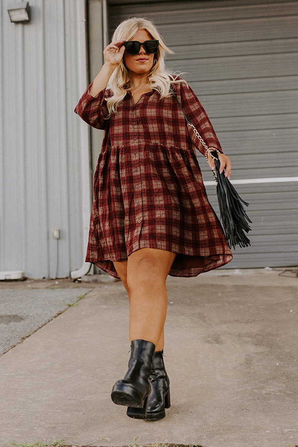 Premium Wine Plaid Tunic Dress - Ultimate Comfort for Curves