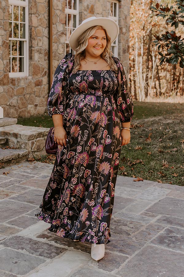 Ultimate Autumn Encounters Satin Floral Maxi Dress for Curves