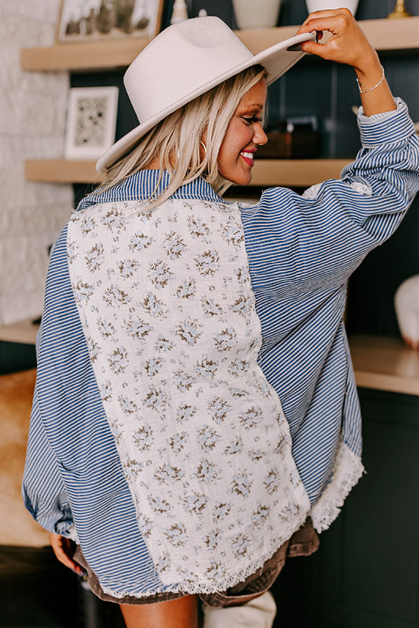 Premium Boho Chic Lace Button-Up Blouse | Blue Floral Print