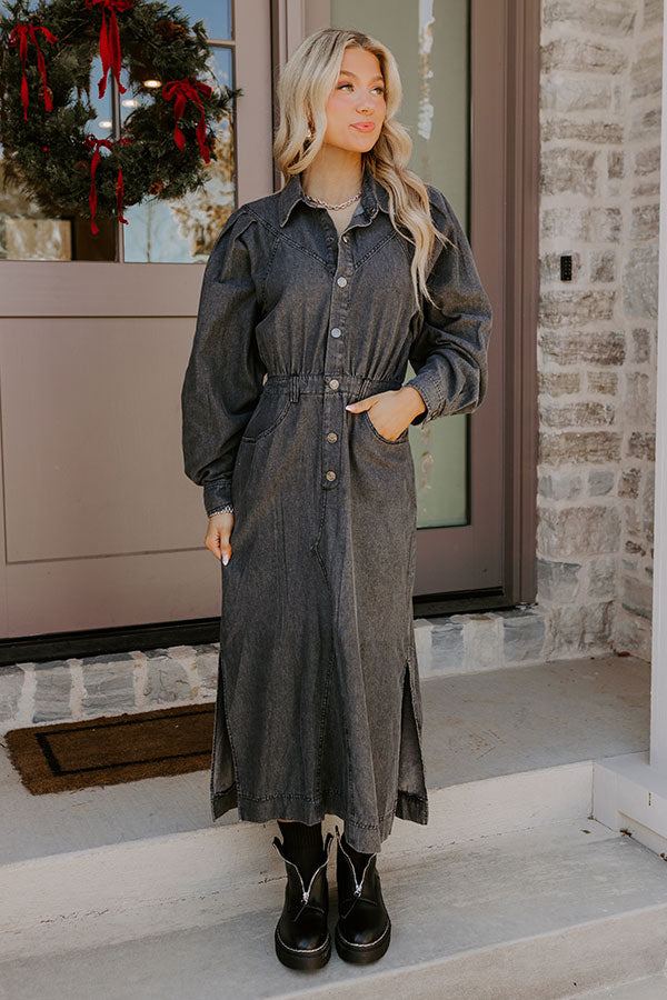 Premium Vintage Black Denim Midi Dress – Ultimate Casual Chic