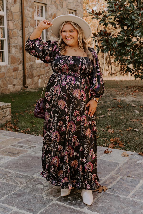 Ultimate Autumn Encounters Satin Floral Maxi Dress for Curves