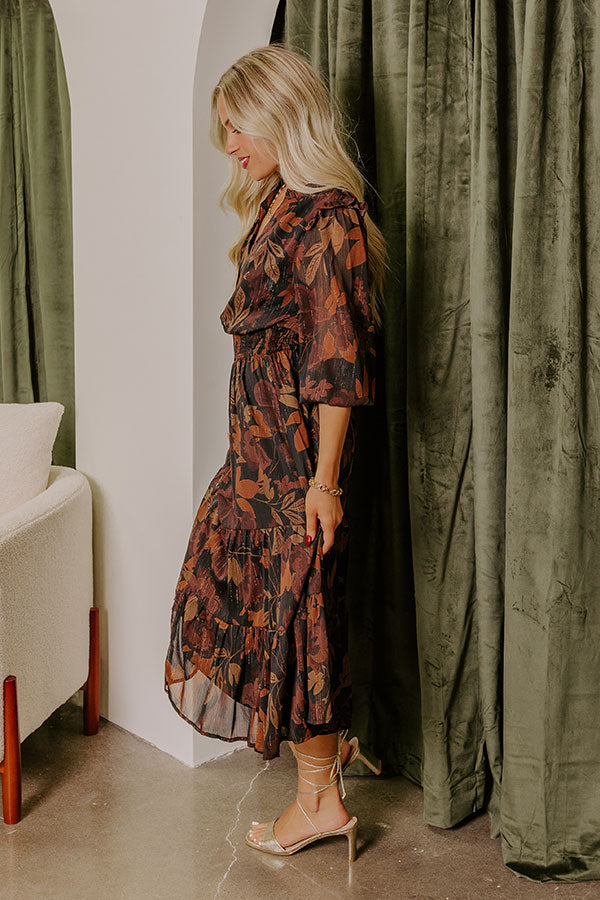 Premium Autumn Encounters Floral Midi Dress - Ultimate Elegance