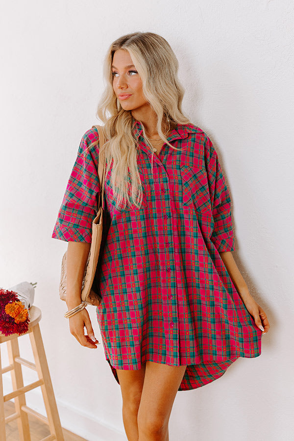 Premium Oversized Plaid Mini Dress in Fuchsia & Green