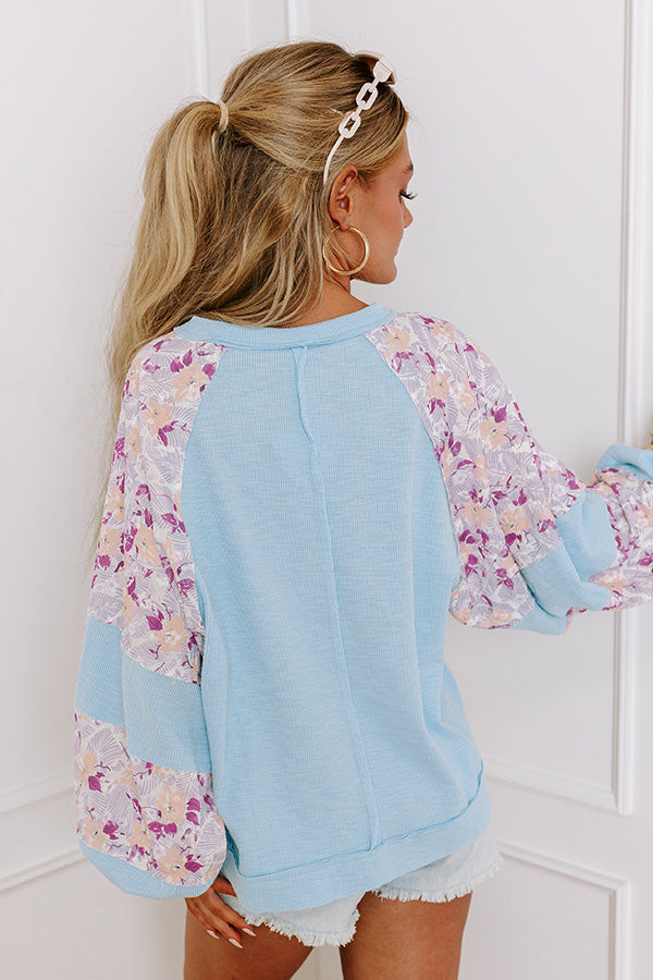 Premium Floral Ribbed Top - Sky Blue Spring Essential