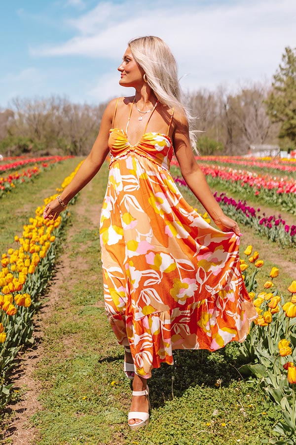 Premium Tropical Escape Midi Dress - Vibrant Orange