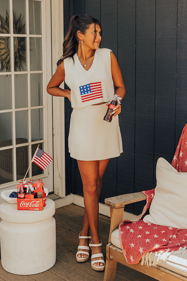 Premium American Flag Knit Crop Top - White