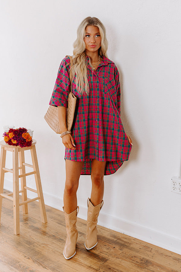 Premium Oversized Plaid Mini Dress in Fuchsia & Green